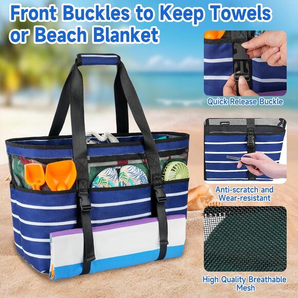 Women's Blue+Stripe with Front Buckles Beach Tote Waterproof Sandproof Beach Bag - Picture 6 of 8